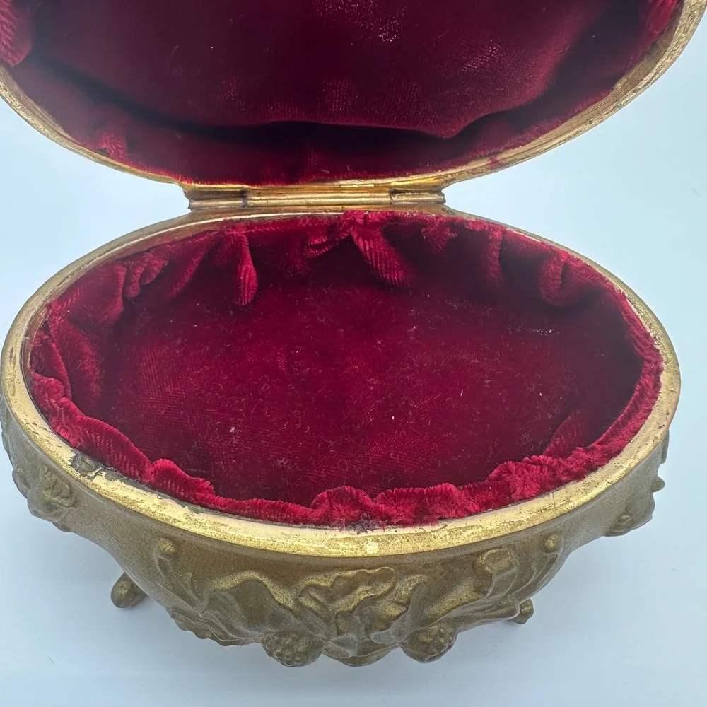 ANTQ Art Nouveau Jewelry Casket Footed Spelter Pot Metal Box Rose Relief Lined